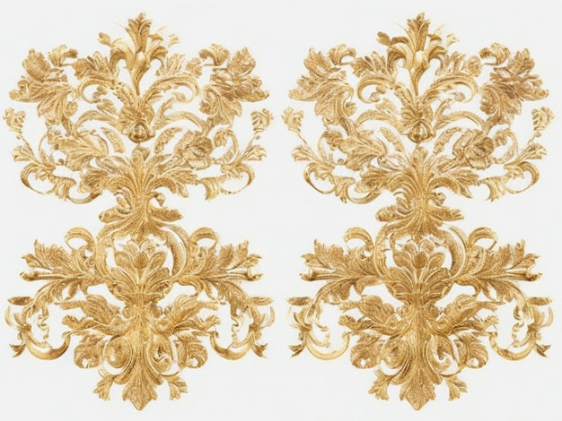 Conjunto de adornos barrocos florales dorados sobre fondo blanco.