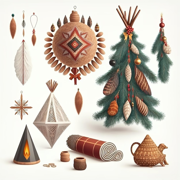 Conjunto de adornos navideños en estilo boho Elementos de vacaciones de invierno Ilustración 3d