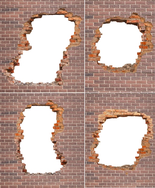 Conjunto de agujeros en una pared de ladrillos rotos