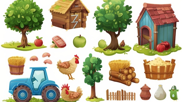 Un conjunto aislado de elementos de diseño de juego de granja con un tractor azul pajares y manzanos gallinas divertidas y jardines de la aldea