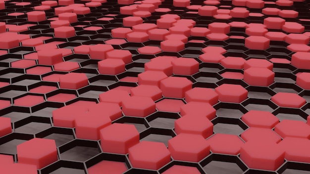 Conjunto aleatório de haste hexagonal vermelha difusa em favo de mel preto (renderização 3D)