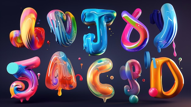 Conjunto de alfabetos coloridos de 3d Letras y números hechos de líquido que fluye