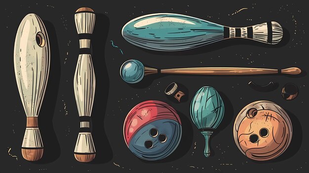 Conjunto de alfileres y bolas de bolos Ilustraciones generativas de IA