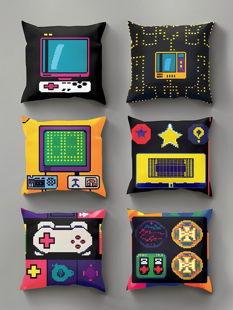 Conjunto de almohadas de lanzamiento de 16 bits de píxeles con diseño de arte pop y arte conceptual de diseño de activos de juegos de cómics