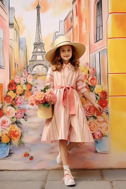 Conjunto de alta costura francesa de niña elegante parisina de moda