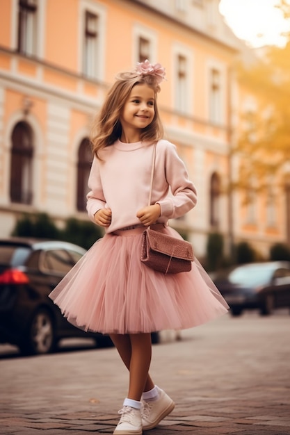 Conjunto de alta costura francesa de niña elegante parisina de moda