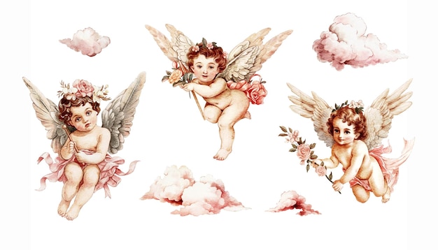 Conjunto de ángeles y nubes Ilustración de acuarela vintage aislada sobre un fondo transparente Clipart
