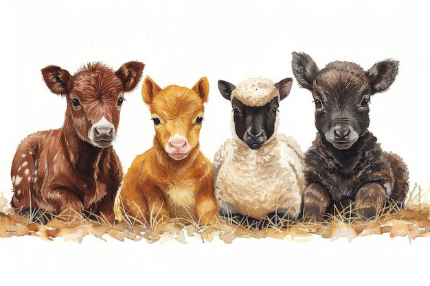 Este conjunto de animales para bebés de la granja de acuarela presenta un caballo, un ganso, una vaca y una oveja para las habitaciones de bebés y niños.