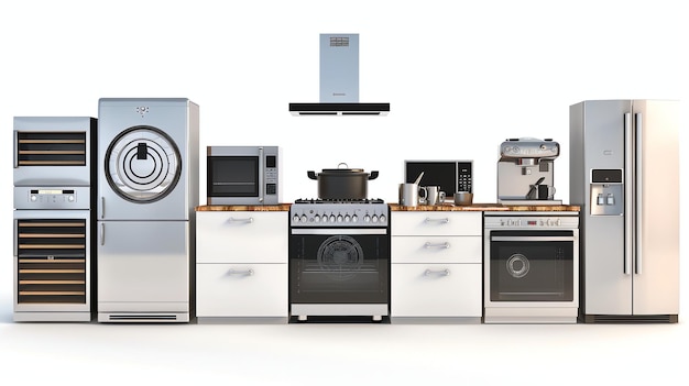 Un conjunto de aparatos de cocina modernos con acabado de acero inoxidable El conjunto incluye un