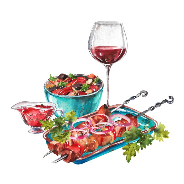 Foto conjunto aquarela de cozinha caucasiana shish kebab com molho vermelho lobio e um copo de vinho tinto