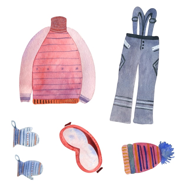 Conjunto aquarela de roupas para esquiar e óculos