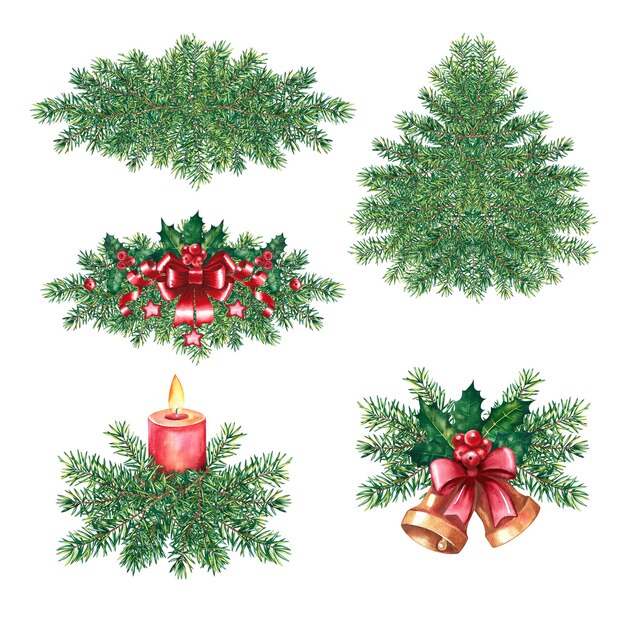 conjunto, de, árbol de navidad, decoraciones, acuarela, mano, dibujado, ilustración