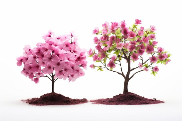 Foto conjunto de árboles de cereza en flor que crecen en el suelo aislados sobre un fondo blanco