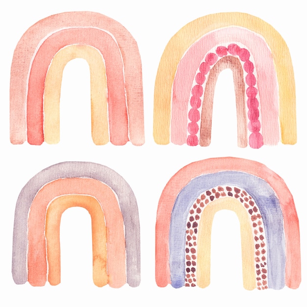 Conjunto de arco iris acuarela abstracta para niños, imágenes prediseñadas con arco iris boho pintado a mano.