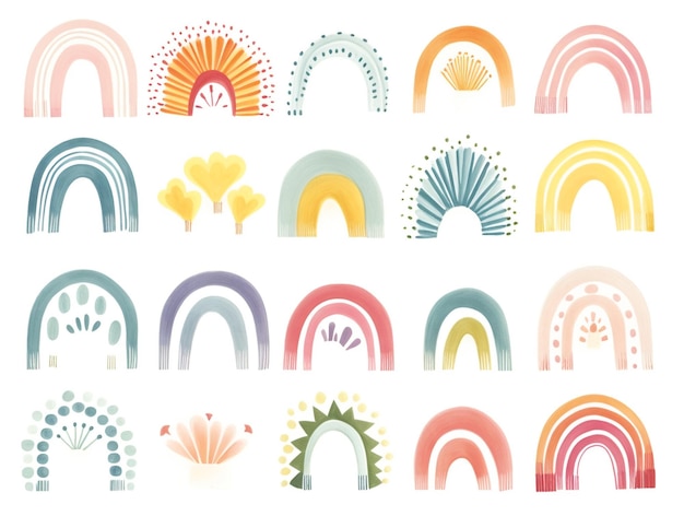 un conjunto de arco iris de acuarela en varios colores en el estilo de Lucy Grossmith animación colorida
