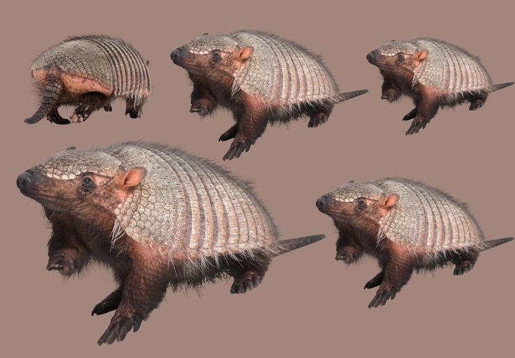 Foto conjunto de armadillos que muestran diferentes ángulos sobre un fondo marrón