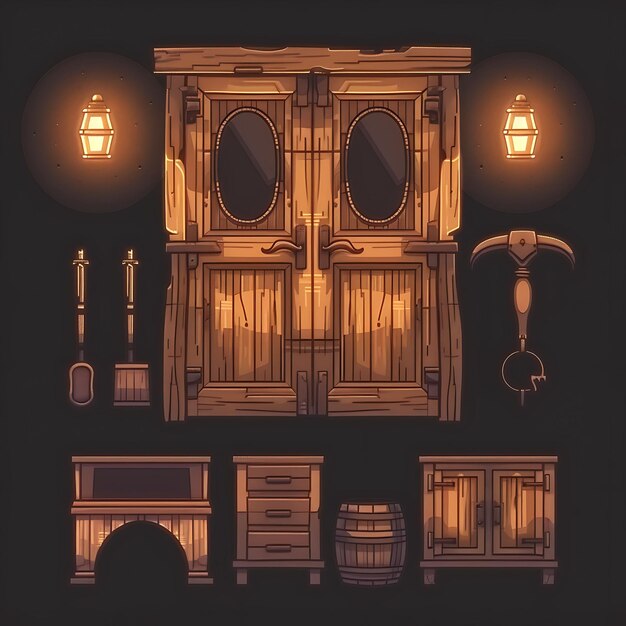 Conjunto de armarios de estilo occidental de 16 bits de píxeles con puertas de salón y diseño de activos de juego Ho Concept Art