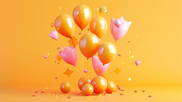 Foto conjunto de artes de globos de celebración divertidos en 3d aislados en un fondo naranja claro