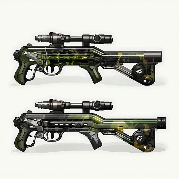 Un conjunto de artículos de armas de ballesta Diseño táctico Repetir la caza de ballesta Diseño de artículos de activos planos 2D