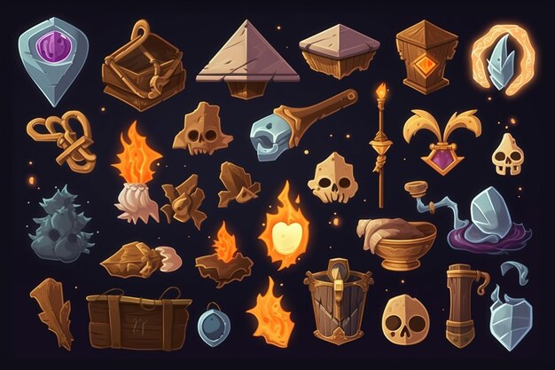 un conjunto de artículos de dibujos animados para un juego con un fondo oscuro generativo ai