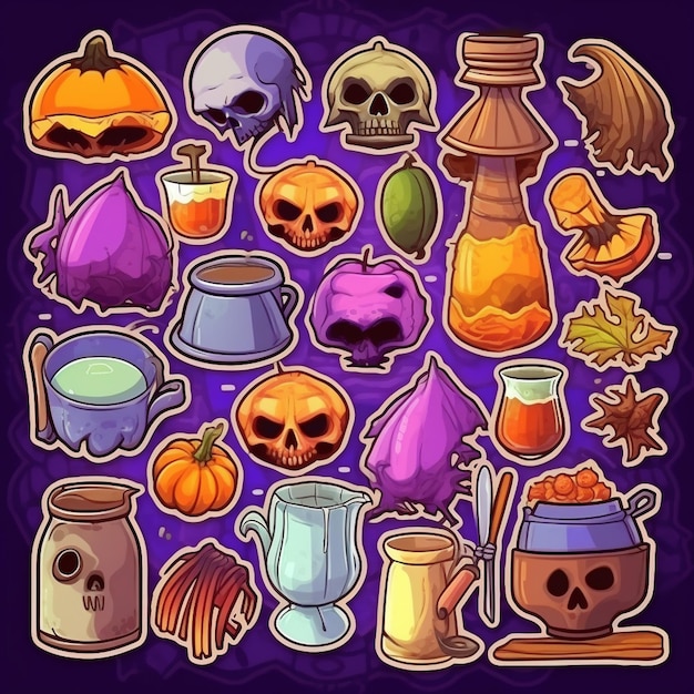 un conjunto de artículos de halloween y artículos para un juego de ai generativo