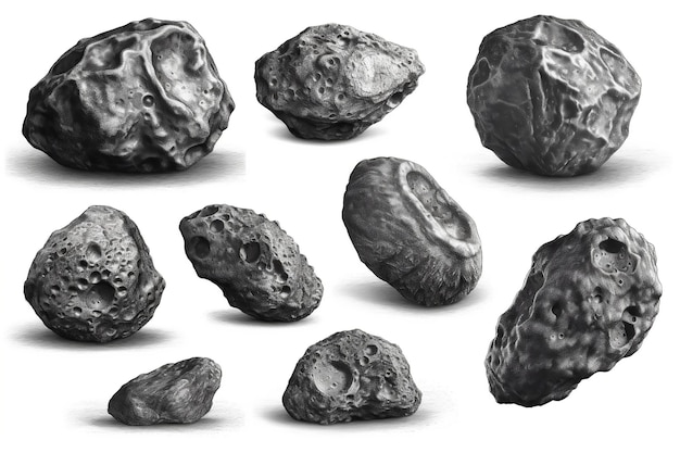 Conjunto de asteroides aislados sobre fondo blanco IA generativa