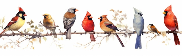 Conjunto de aves ilustración acuarela Cardenal rojo pájaro azul oriental jilguero robin wren