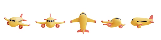 Conjunto de avión amarillo, concepto de turismo y viajes, estilo minimalista, representación plana lay.3d.