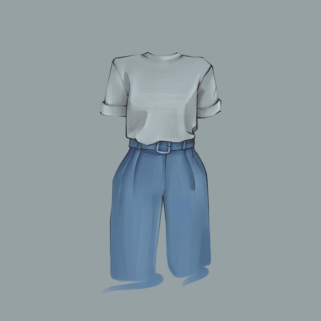 conjunto, de, azul, ropa, bosquejo, pantalones, con, camiseta, ilustración