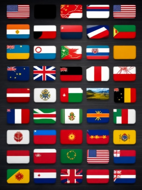 Foto conjunto de banderas de los países más famosos banderas en forma de círculo sobre un fondo gris