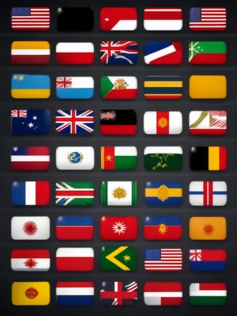 Conjunto de banderas de los países más famosos Banderas en forma de óvalos con sombra sobre un fondo gris