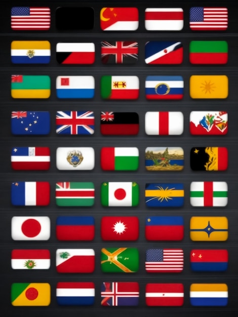 Conjunto de banderas de los países más famosos Banderas en forma de óvalos con sombra sobre un fondo gris