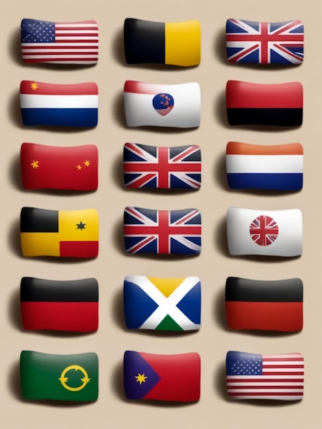 Conjunto de banderas de los países más famosos Banderas en forma de óvalos con sombra sobre un fondo gris
