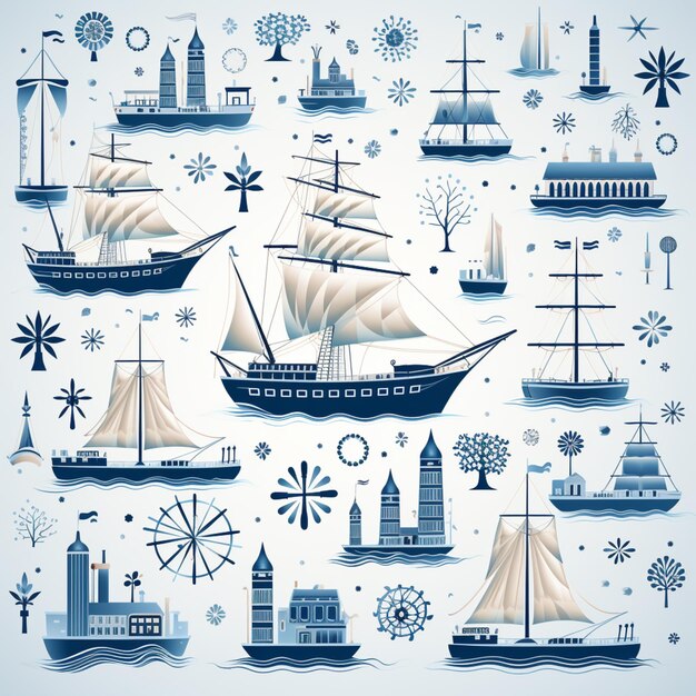 Foto conjunto de barcos y molinos de viento en un patrón azul y blanco generativo ai