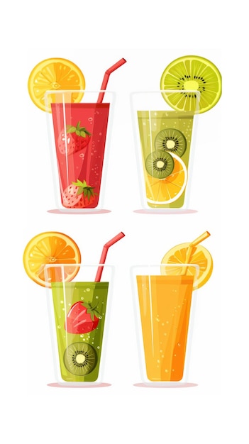 Conjunto de batidos de frutas frutas jugo de naranja bebida paja en una taza aislada en blanco