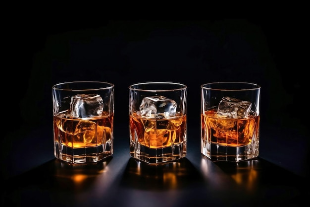 Conjunto de bebidas alcohólicas fuertes en vasos y vasos de chupito en surtido de vodka ron coñac tequila brandy y whisky Fondo vintage oscuro enfoque selectivo