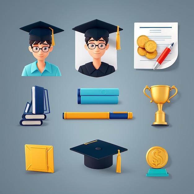 Un conjunto de becas Vector Icon Ilustración Colecciones de becas Iconos Concepto aislado Estilo de dibujos animados plano adecuado para página de aterrizaje web Banner Flyer Sticker Card Fondo