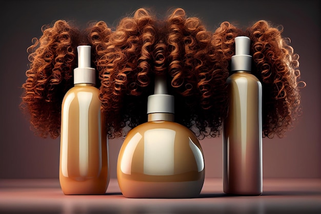 Conjunto de belleza de botellas de gel y champú cosmético con cuidado para ilustración de cabello grueso y rizado IA generativa
