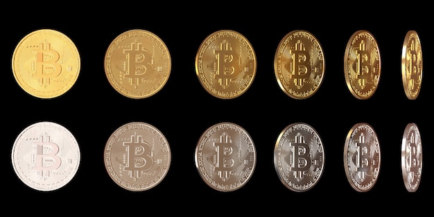 Conjunto de bitcoins girando sobre su eje Diferentes posiciones de bitcoins de plata y bitcoins de oro