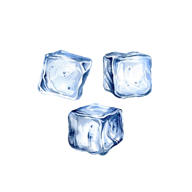 Conjunto de bloques de hielo de cristal dibujados a mano con acuarela cubos de hielo realistas para bebidas refrescantes de verano cubos de agua congelada azul para cócteles aislados sobre fondo blanco para menú y tarjetas de verano