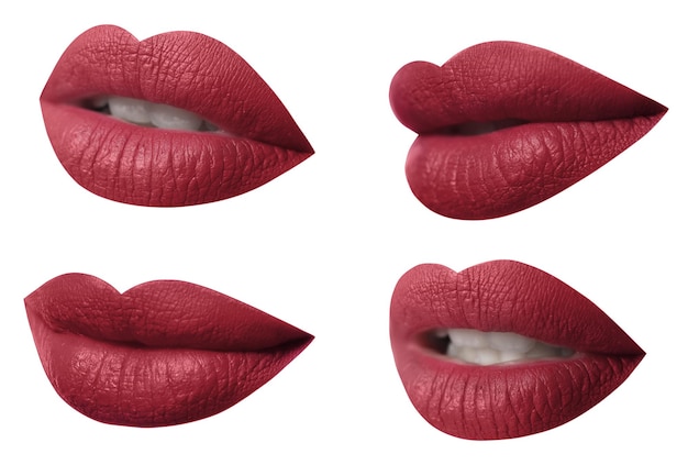 Conjunto de bocas con hermoso maquillaje sobre fondo blanco Lápiz labial rojo mate