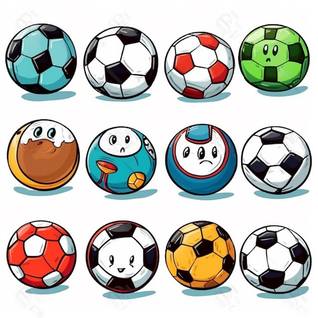 un conjunto de bolas de fútbol de dibujos animados con diferentes caras generativa ai