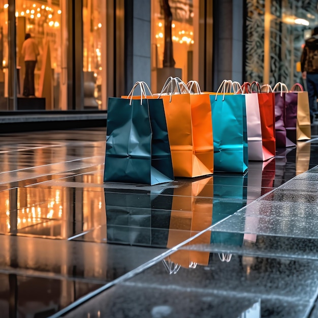 Un conjunto de bolsas de compras coloridas con mangos Bolsas de compras de papel cerradas Días de compras