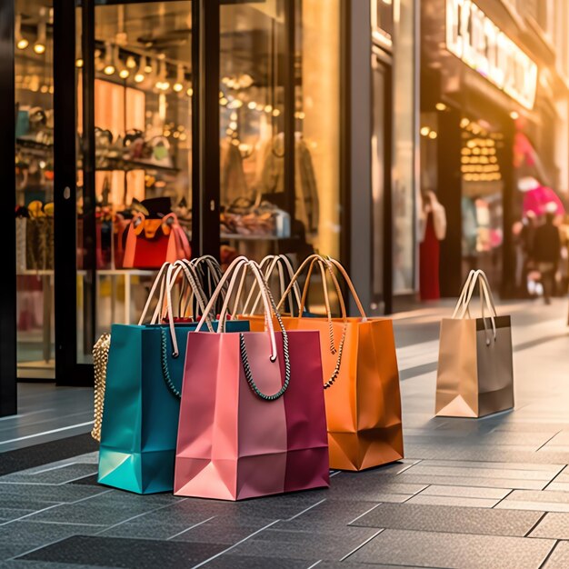 Un conjunto de bolsas de compras coloridas con mangos Bolsas de compras de papel cerradas Días de compras