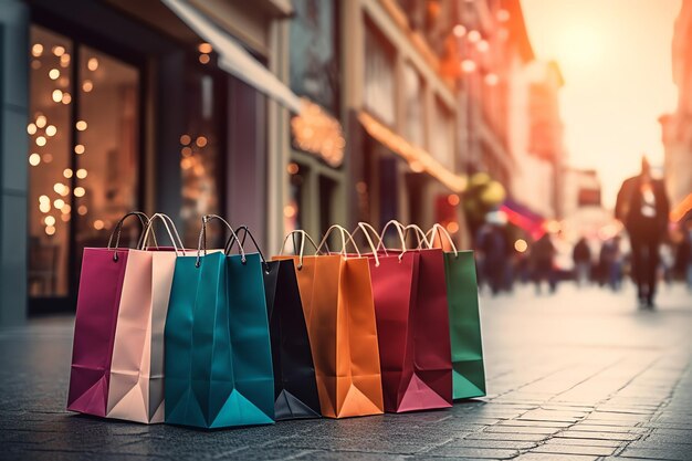 Un conjunto de bolsas de compras coloridas con mangos Bolsas de compras de papel cerradas Días de compras