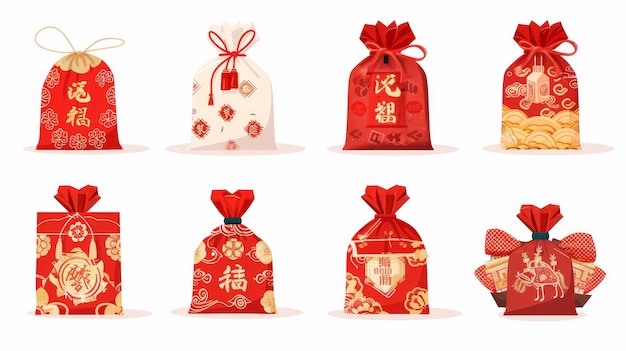 Un conjunto de bolsas de la suerte de China bolsas de fortuna de dinero de vacaciones y traducciones de texto de buena suerte regalos coreanos bolsillos de Año Nuevo para la riqueza ilustraciones modernas planas aisladas sobre fondo blanco