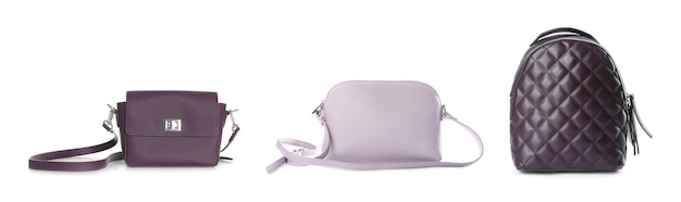 Conjunto de bolsos de mujer diferentes sobre fondo blanco Diseño de banner