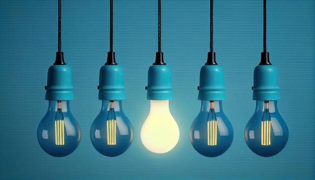 Foto conjunto de bombillas colgantes con un concepto de idea de bombilla creativa brillante