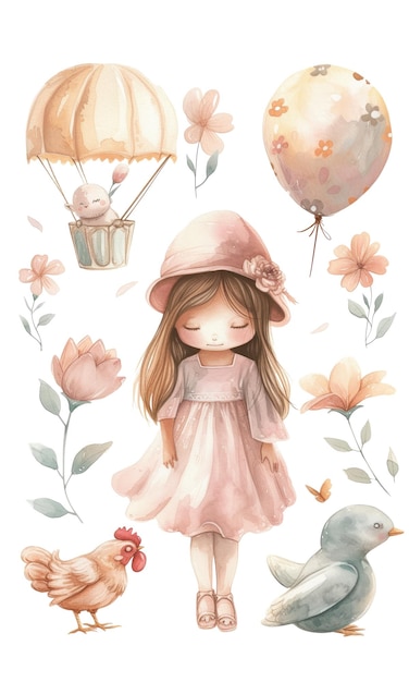Conjunto de bonitas acuarelas para niñas de color pastel con flores y globos de pollo aislados en la espalda blanca