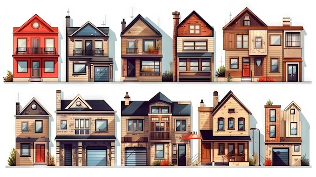 Conjunto de bonitas casas residenciales en el vecindario Arquitectura suburbana o cabañas de pueblo Generada por IA